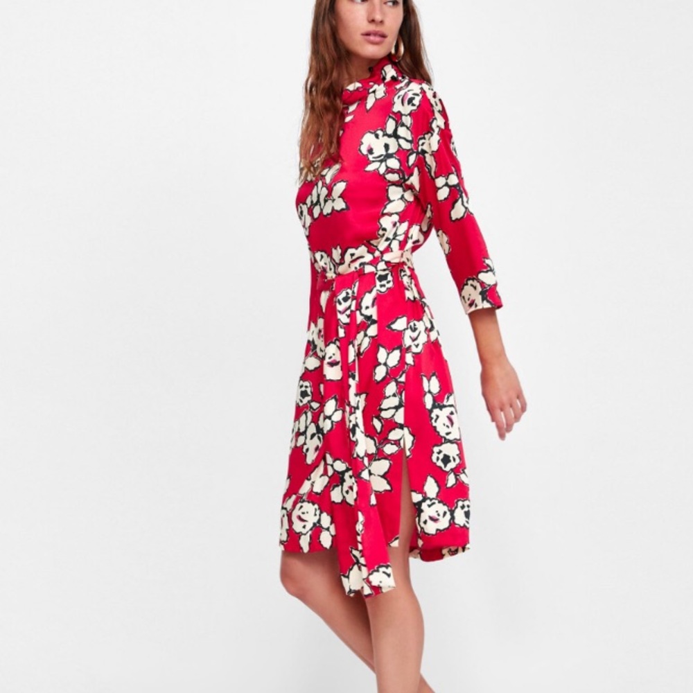 Zara Red & white Floral Midi Dress NWT